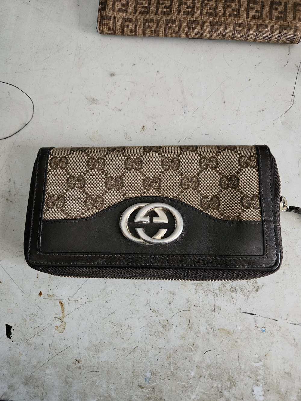 Gucci Brown and Beige GG Canvas Zip Wallet with Silver Logo